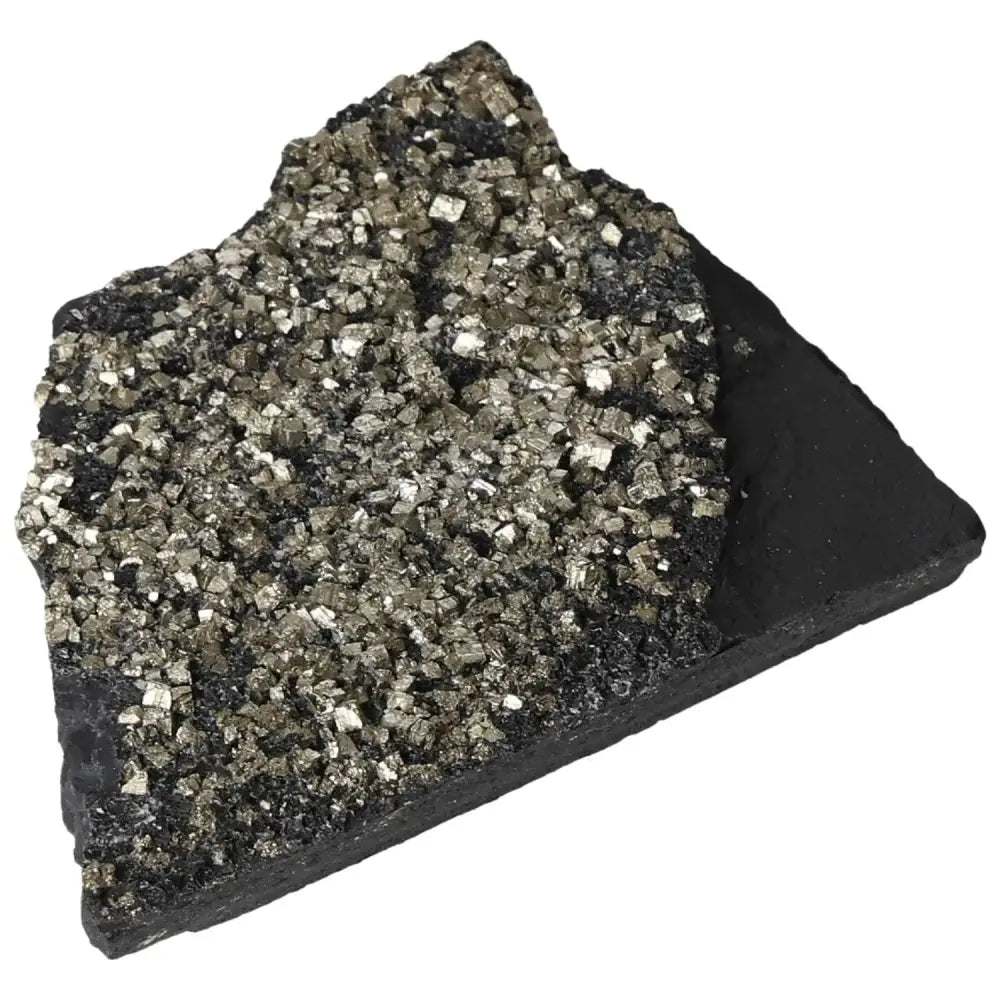 Pyrite with Basalt crystal from Sylvia Crystals, known for spiritual empowerment and luxury, on a white background.