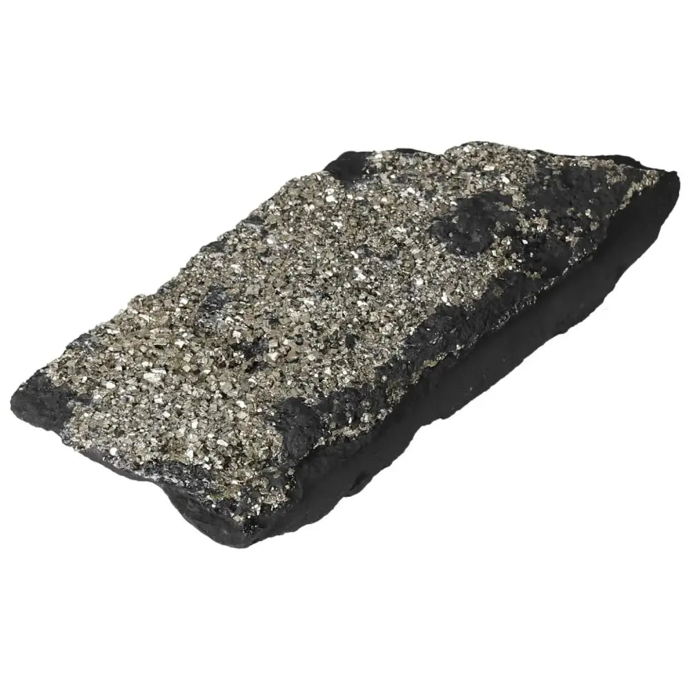 Close-up of Pyrite With Basalt crystal, showcasing shimmering gold tones and textured black surface from Sylvia Crystals.