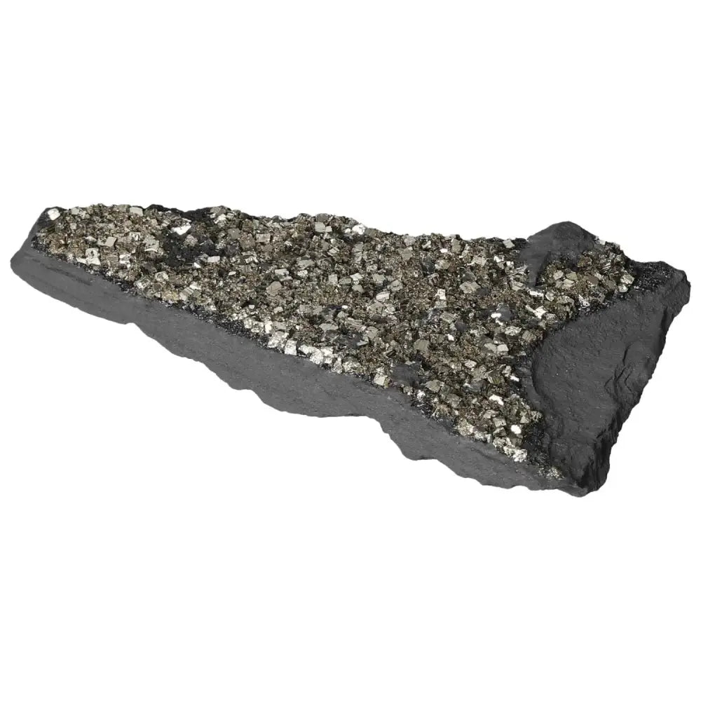 Pyrite with Basalt stone showing metallic pyrite crystals atop a dark basalt base, highlighting its elegant and spiritual properties.