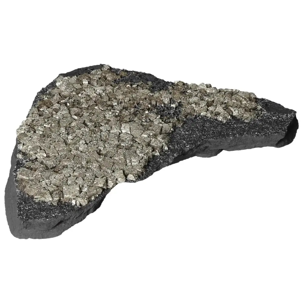 Pyrite with Basalt stone from Sylvia Crystals featuring shimmering surface, known for courage and innovation boosting properties.