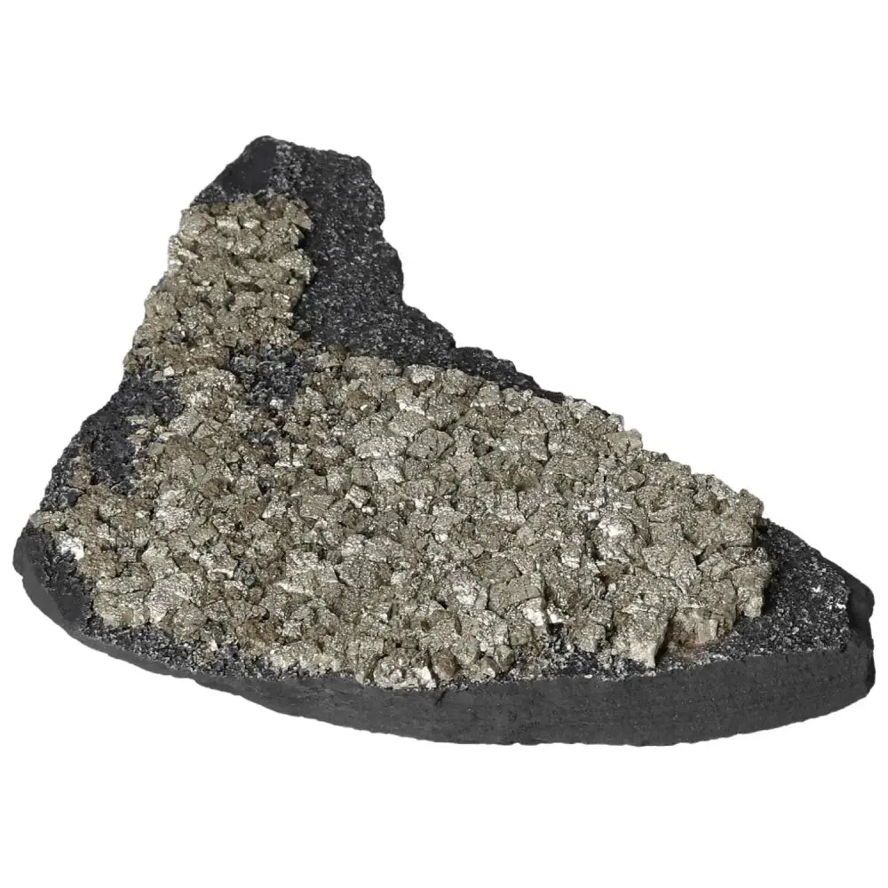 Pyrite with Basalt crystal from Sylvia Crystals, showcasing shimmering Pyrite atop dark Basalt, known for courage and innovation boosting properties.