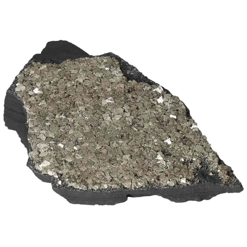 Exquisite piece of Pyrite with Basalt from Sylvia Crystals, featuring shimmering pyrite clusters on a basalt base for grounding energy.