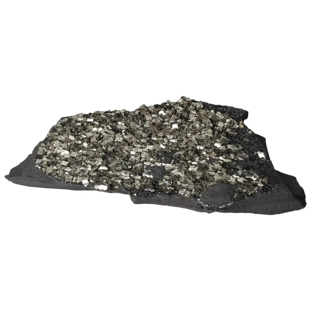 "Pyrite with Basalt crystal specimen from Sylvia Crystals, showcasing metallic luster on dark rock base"