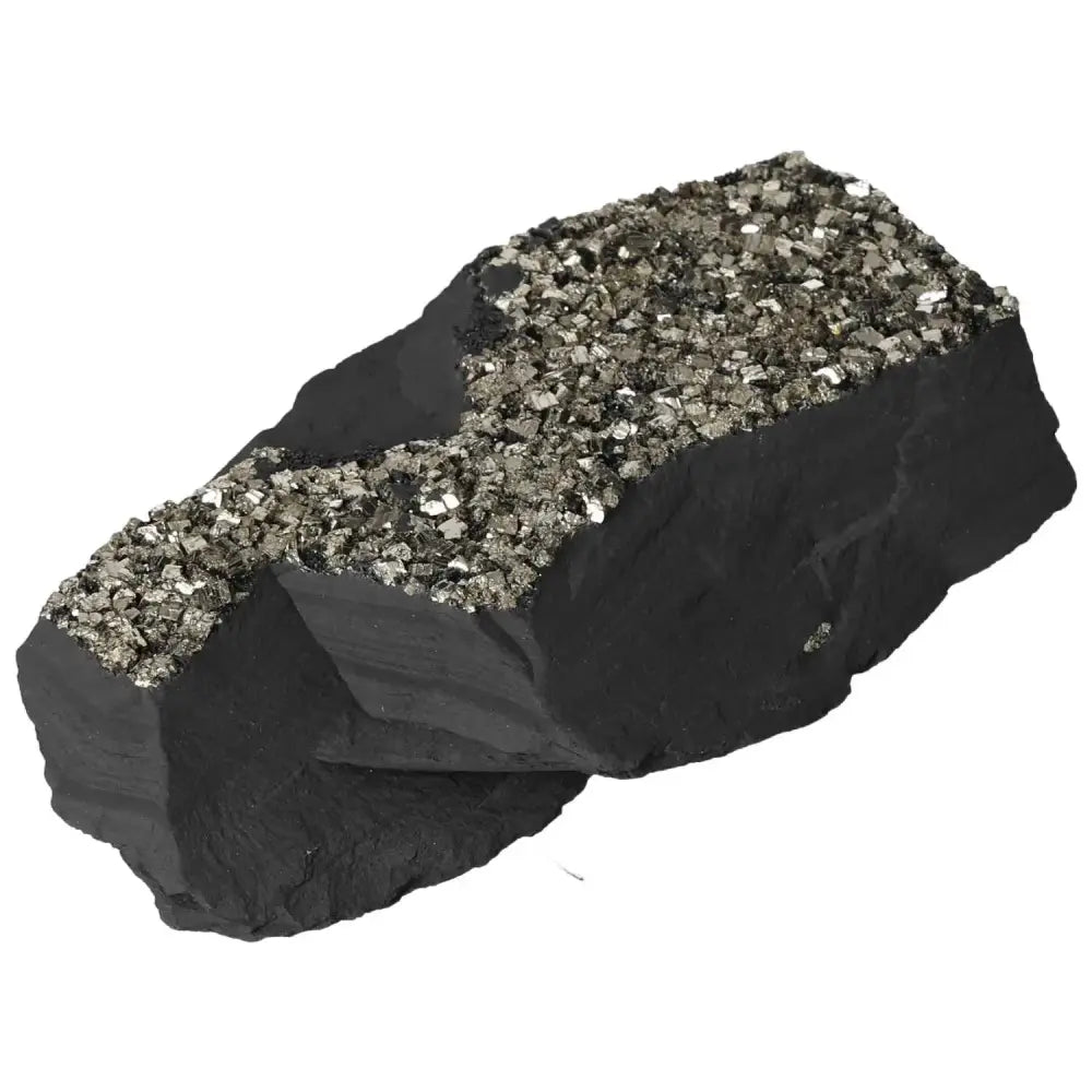 Shimmering pyrite on a dark basalt rock from Sylvia Crystals, ideal for collection and uplifting energy.