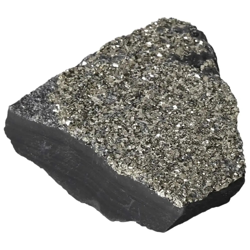 Pyrite with basalt mineral exhibiting shimmering gold-like crystals on a dark rock base.