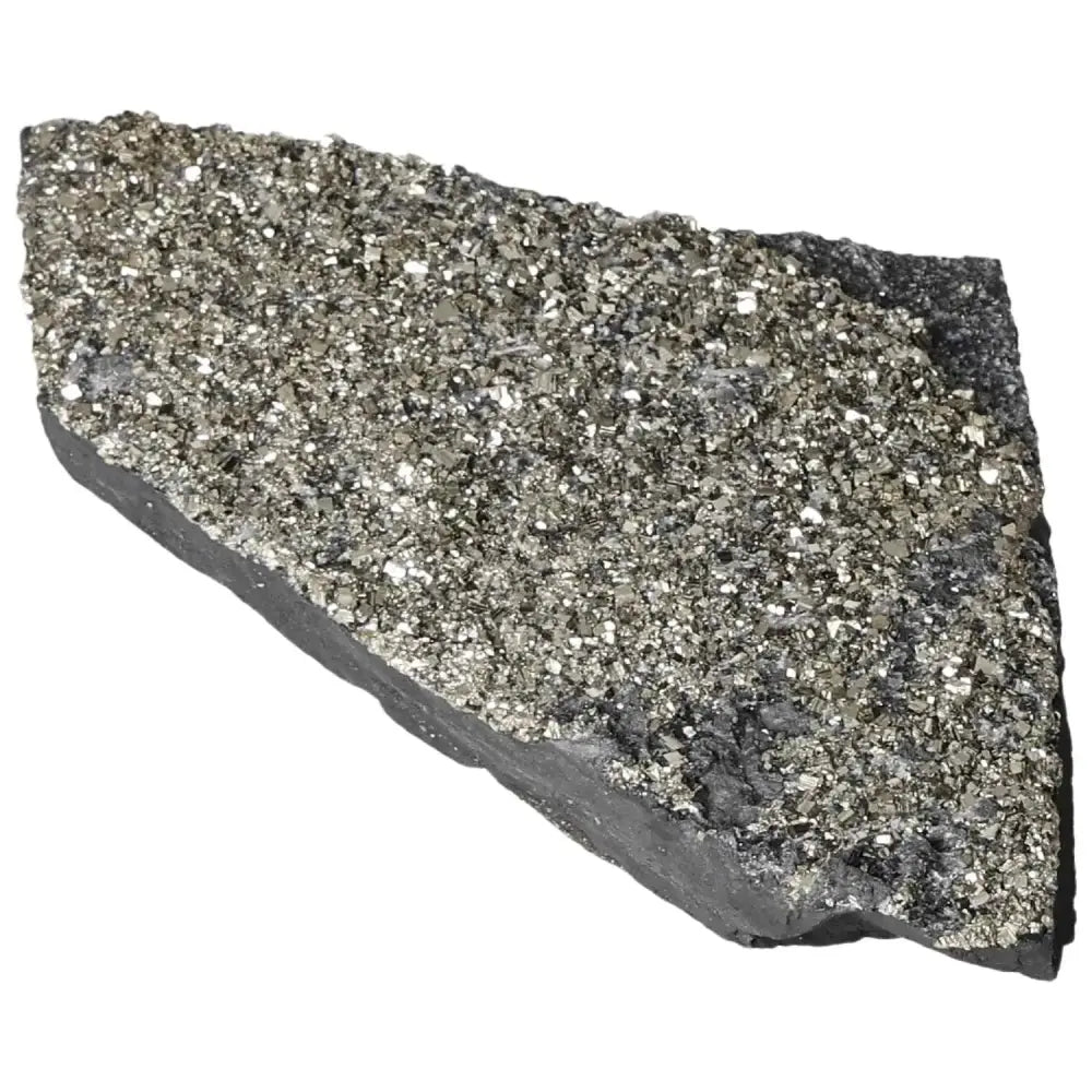 Close-up of Pyrite with Basalt, showcasing its sparkling surface and rich mineral texture from Sylvia Crystals.