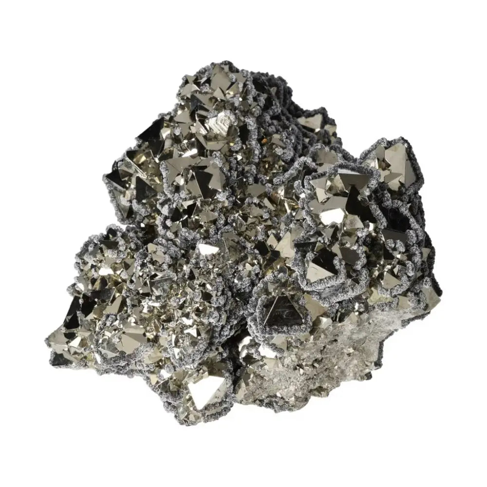 Superior quality pyrite cluster with sphalerite and calcite, featuring geometric formations and metallic luster.