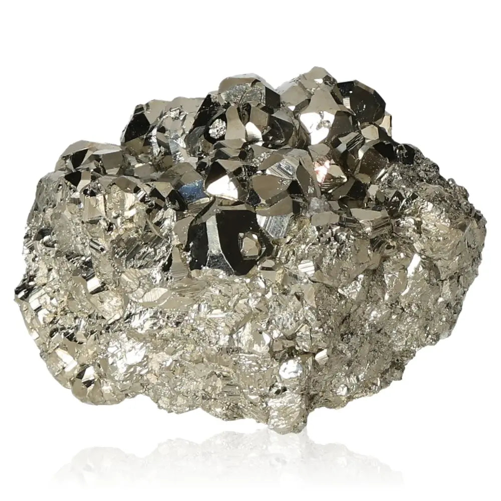 Glittering pyrite druze crystal showcasing its golden metallic luster, known for its resemblance to gold and symbolic prosperity properties.