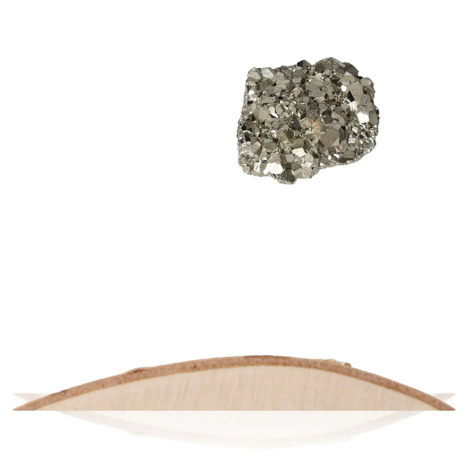 Floating Pyrite Druze with radiant golden hue and metallic luster, symbolizing wealth and success, set against a white background.