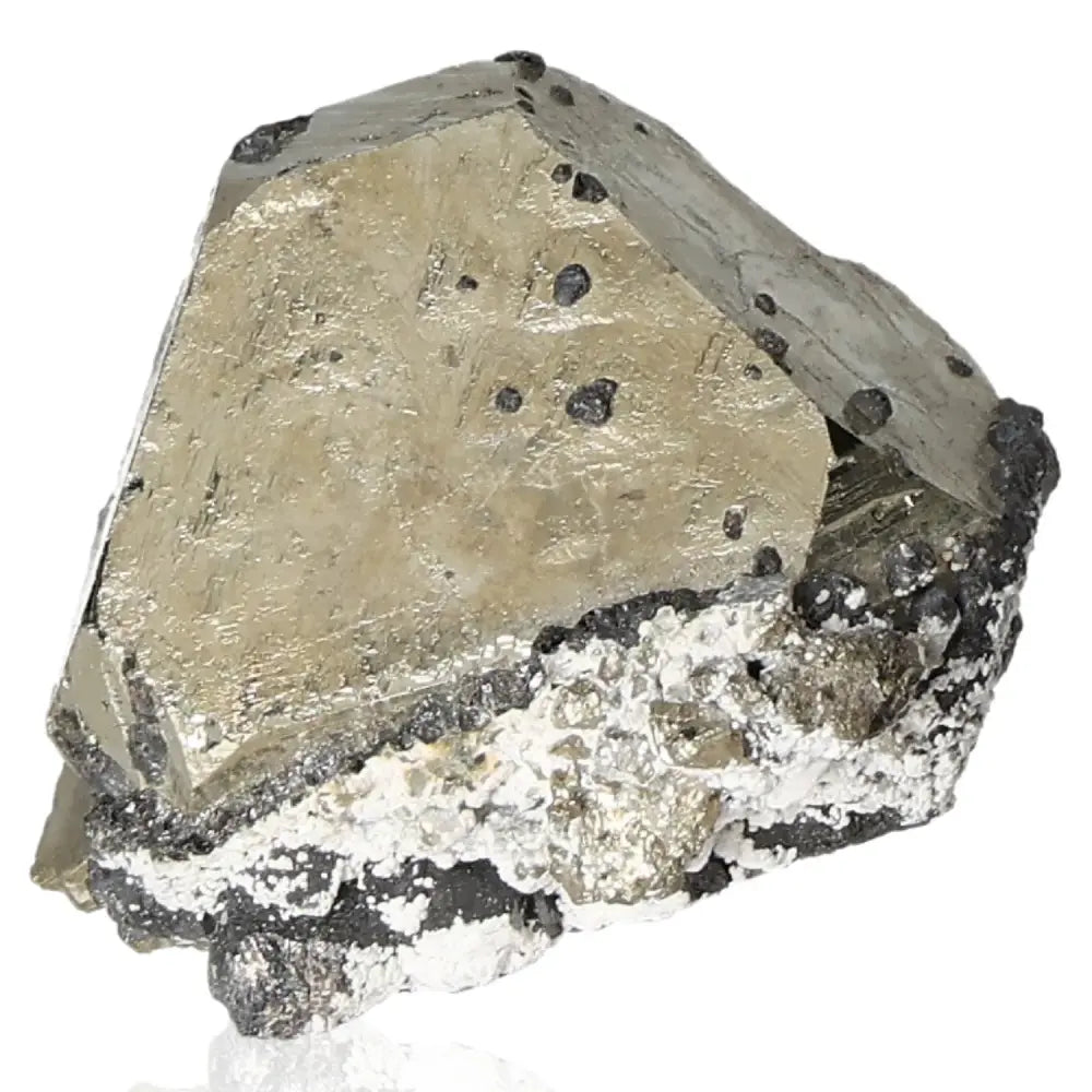 Pyrite druze mineral displaying golden hue and metallic luster, often called Fool's Gold, symbolizing prosperity and abundance.