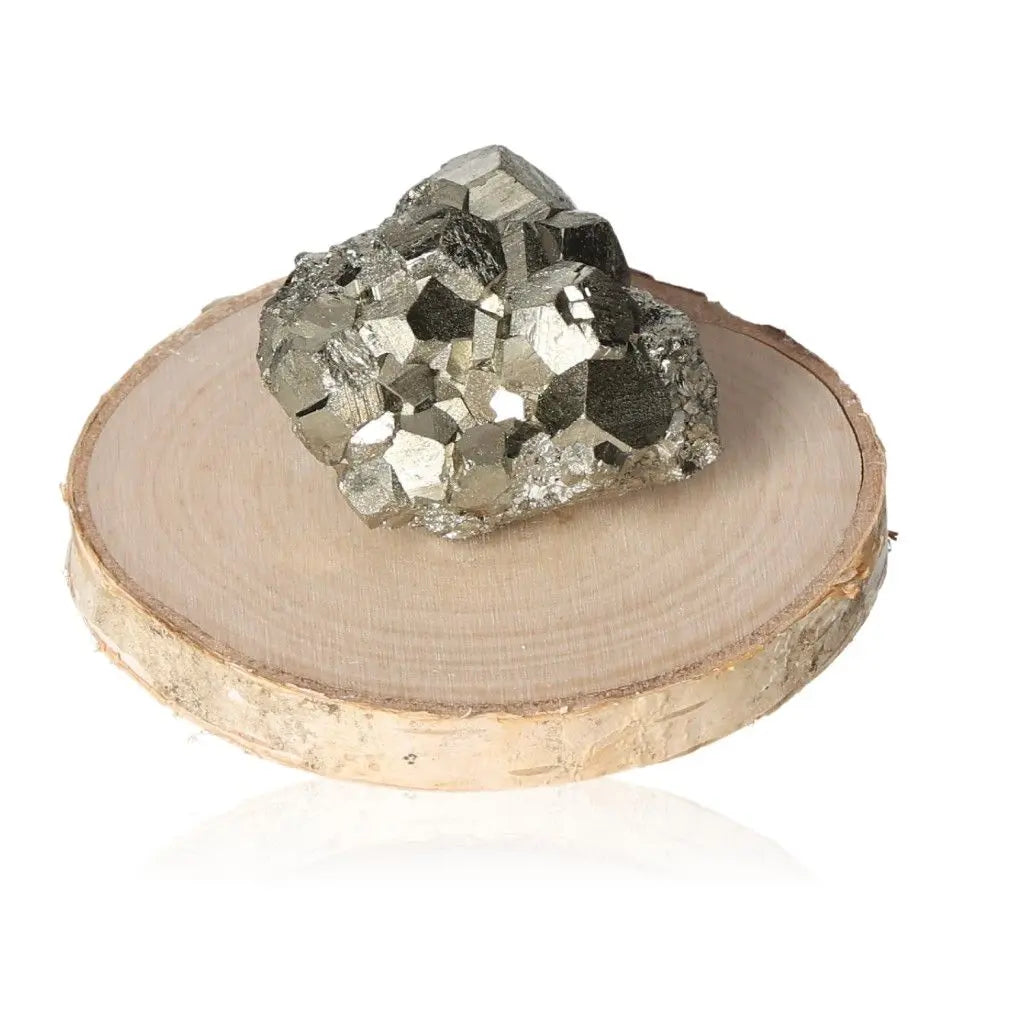 Pyrite druzy crystal with metallic luster on a wooden base, known as Fool's Gold for its resemblance to gold and symbol of prosperity.