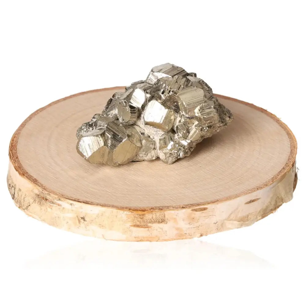 Pyrite druze with metallic luster on wood disc, resembling Fool's Gold, for prosperity and success in decor and collections.