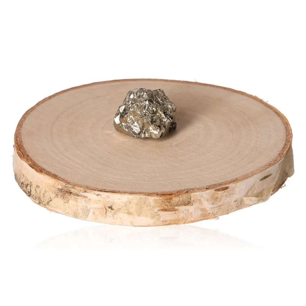 Single pyrite druzy with metallic sheen on wooden slice display