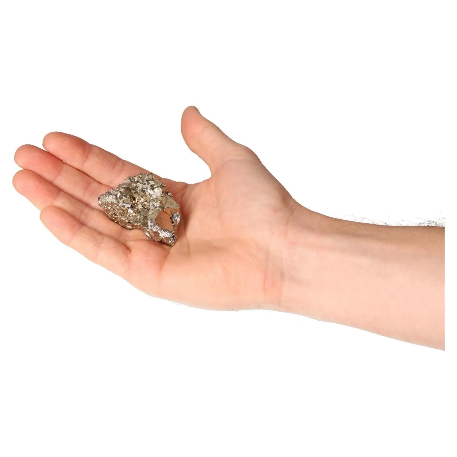 Hand holding a pyrite druze mineral, known as Fool's Gold, with a golden hue and metallic luster, symbolizing abundance and prosperity.