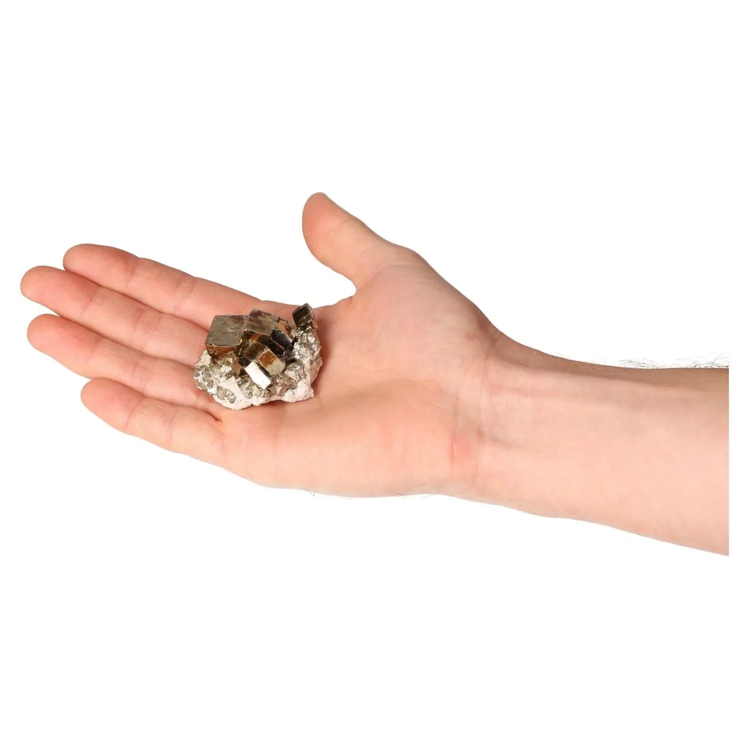 Hand holding a sparkling pyrite druzy, also known as Fool's Gold, showcasing its golden hue and metallic luster.