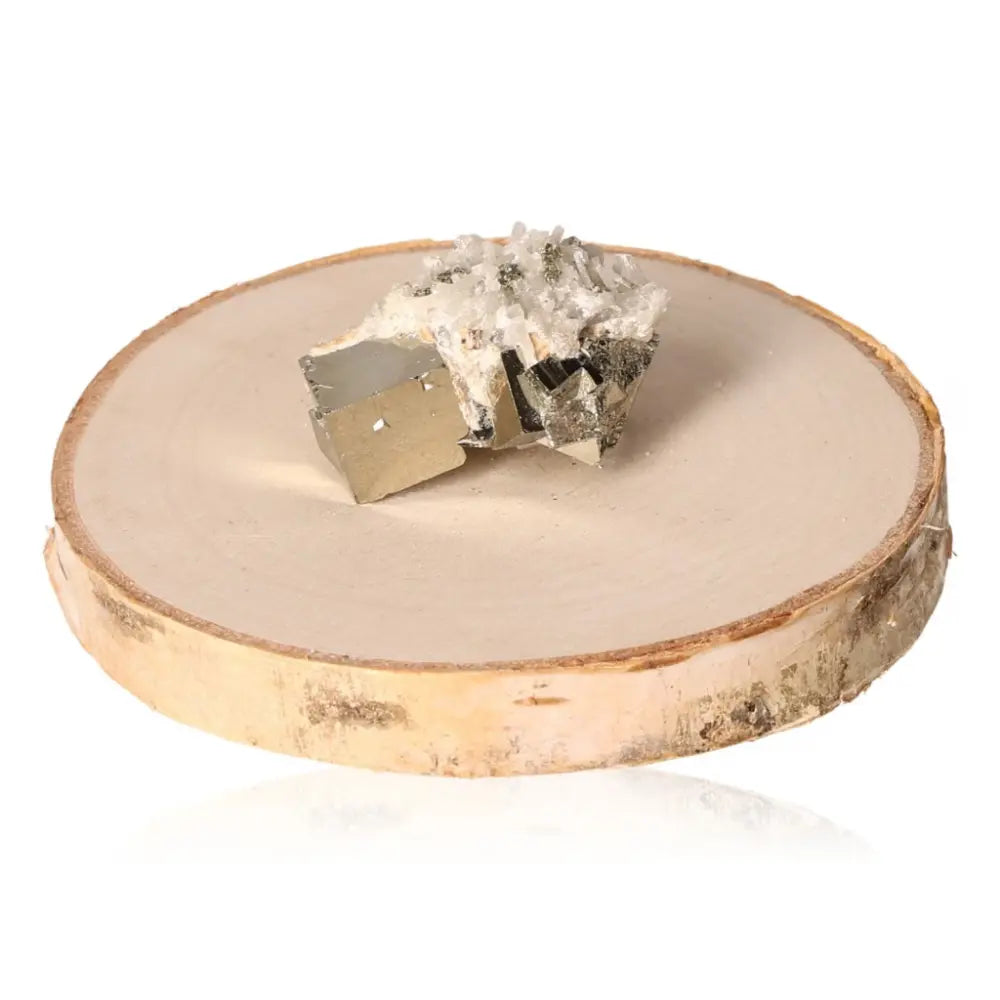 Pyrite druzy crystal on wooden base displaying metallic luster and golden hue, symbolizing wealth and prosperity, often called Fool's Gold.