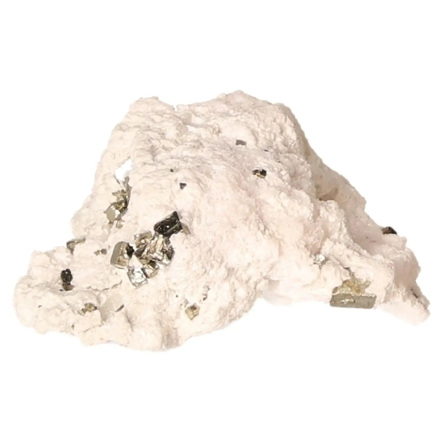 Pyrite druze with metallic luster and golden hue on a white background, known for its prosperity and abundance symbolism.