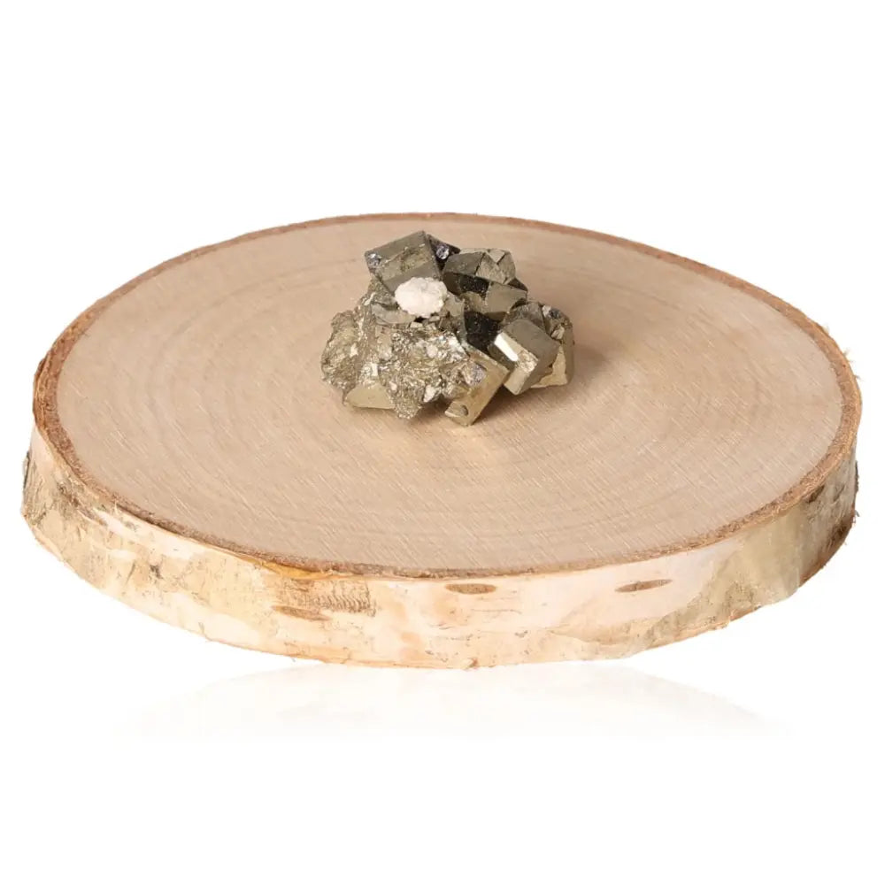 Pyrite druze displaying golden metallic luster on wooden base
