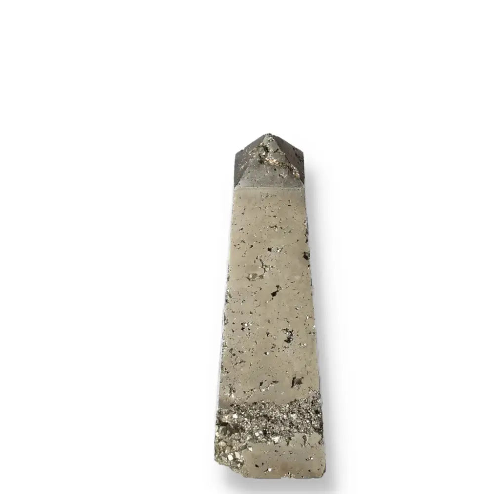 Pyrite obelisk with metallic luster, resembling gold, symbolizing abundance and prosperity, often called Fool's Gold.