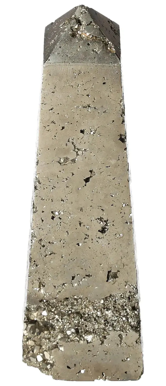 Pyrite obelisk with golden hue, symbolizing abundance and prosperity, resembling Fool's Gold with brilliant metallic luster.