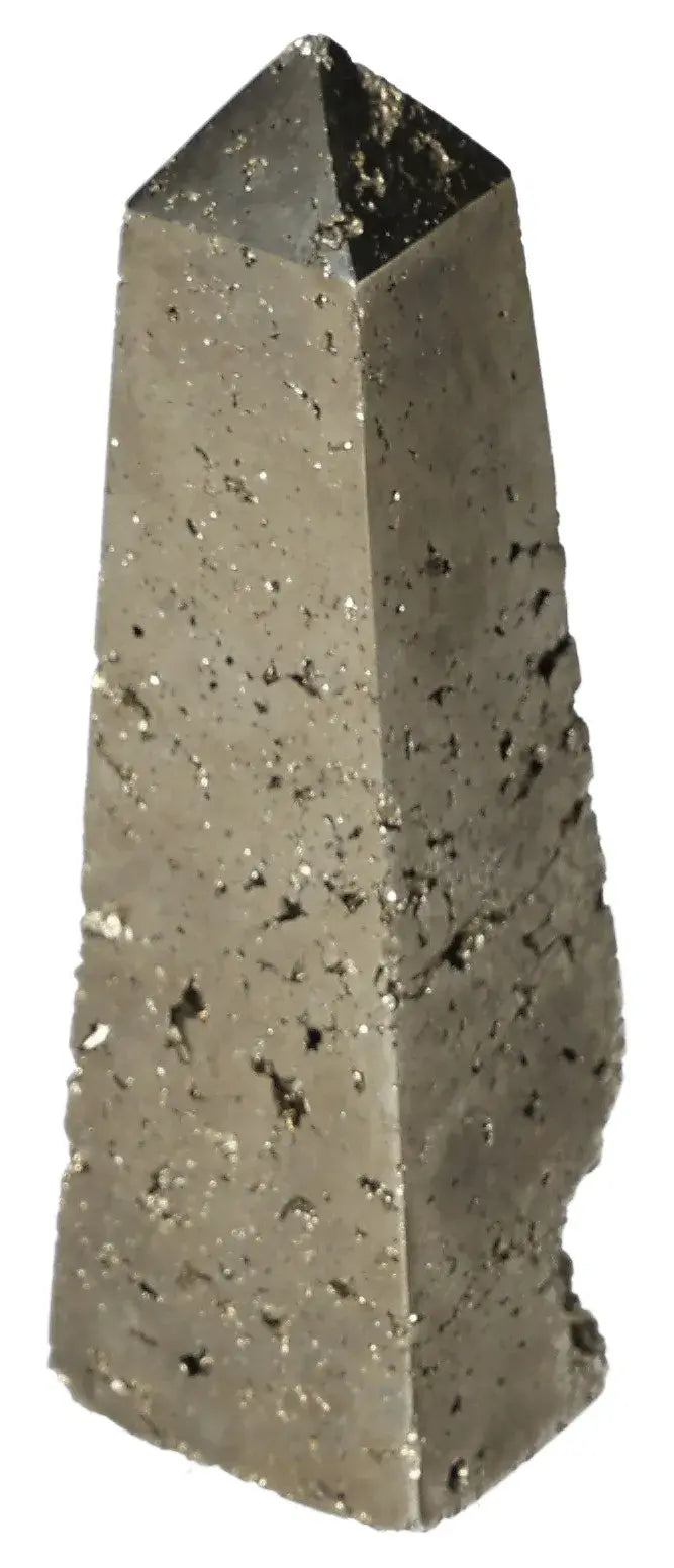 Pyrite obelisk with golden hue and metallic luster, known as "Fool's Gold," symbolizing abundance, prosperity, and good fortune.