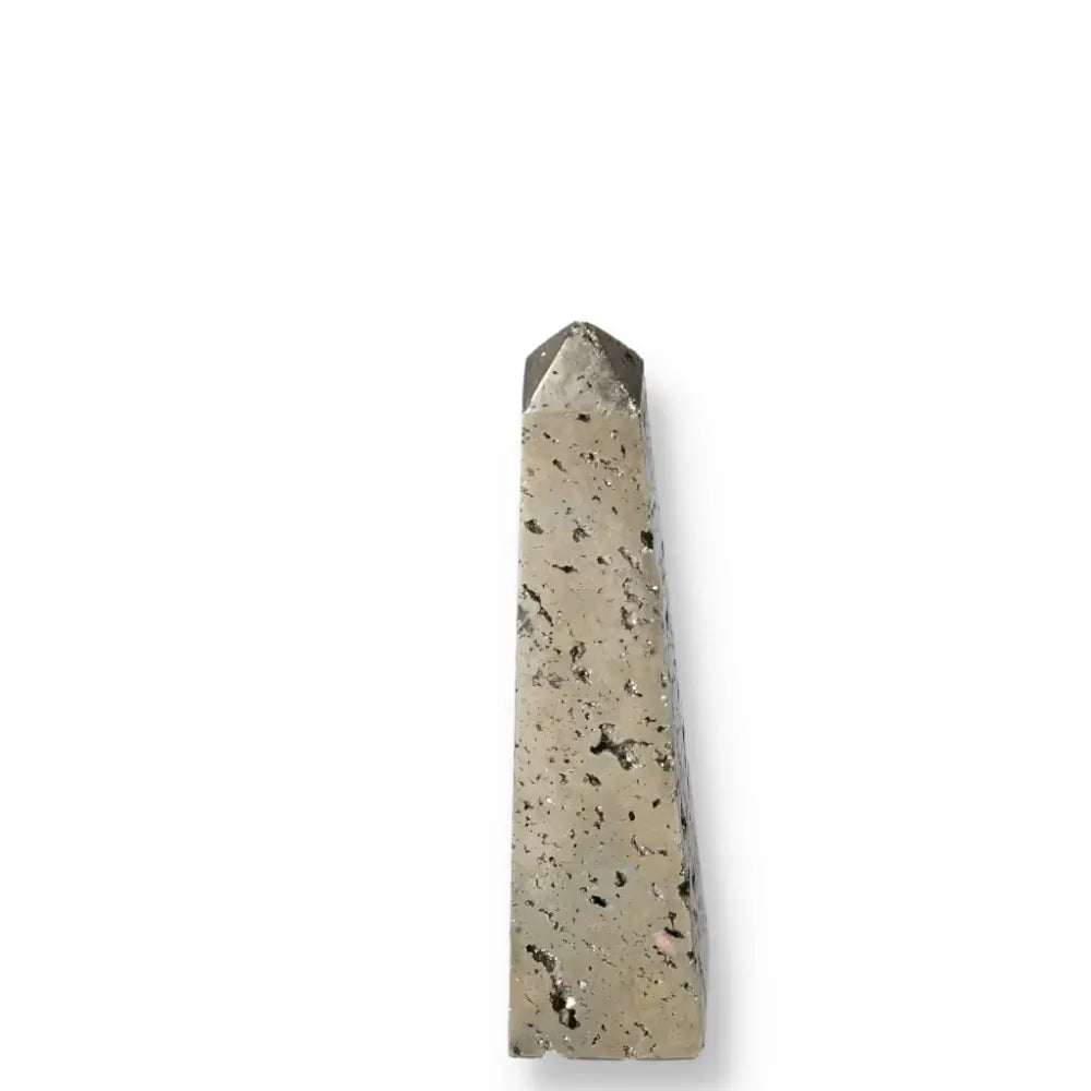 Polished pyrite obelisk with golden hue and metallic luster, representing wealth and success. Known as "Fool's Gold".