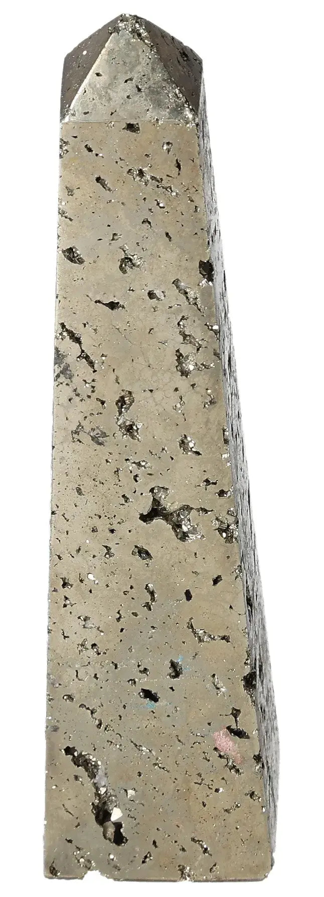 Golden pyrite obelisk with metallic luster, symbolizing abundance and prosperity, perfect for decor or metaphysical use.