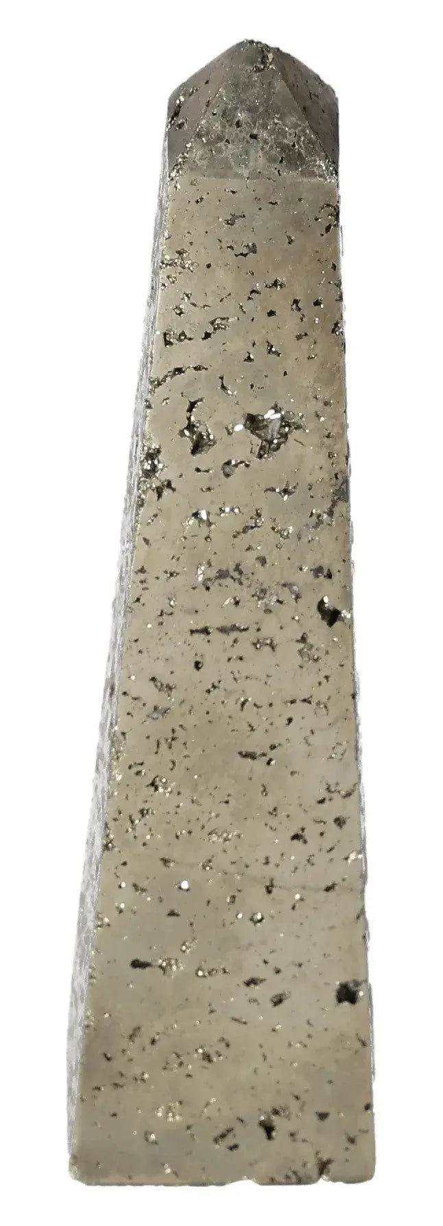 Golden pyrite obelisk with metallic shine, known as Fool's Gold, symbolizing abundance and prosperity.