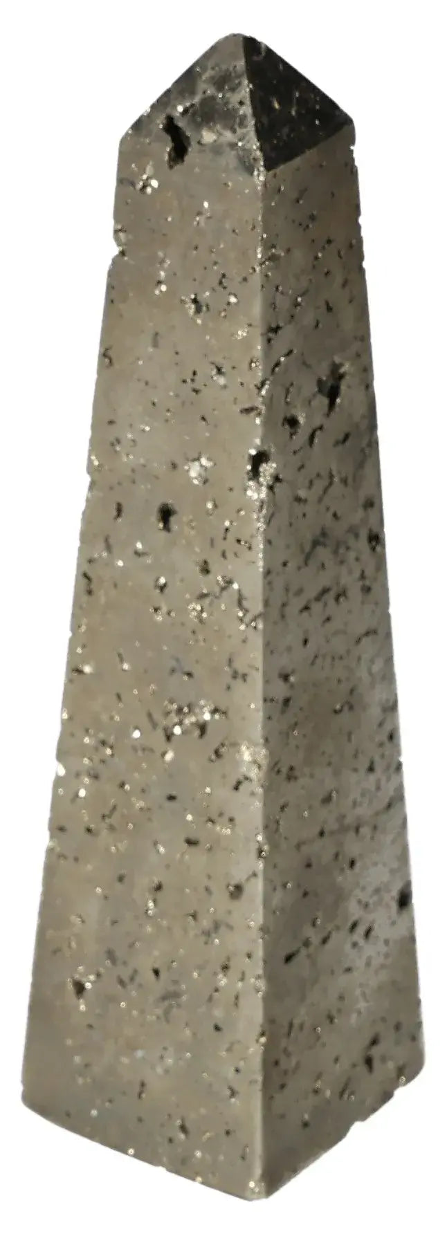 Pyrite obelisk with metallic luster resembling gold, symbolizing prosperity and wealth.