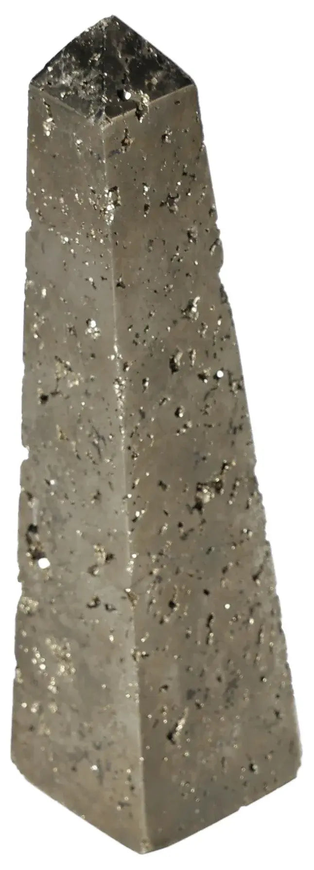 Pyrite obelisk with golden hue and metallic luster, symbolizing abundance and prosperity, known as Fool's Gold.