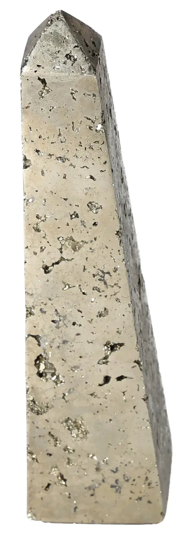 Golden pyrite obelisk with metallic luster symbolizing abundance and prosperity, also known as Fool's Gold.