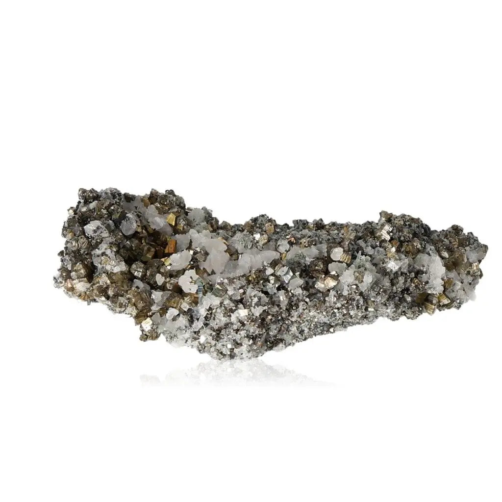 Luxurious Pyrite with Calcite and Sphalerite mineral cluster from Sylvia Crystals, showcasing golden shimmer and natural elegance.