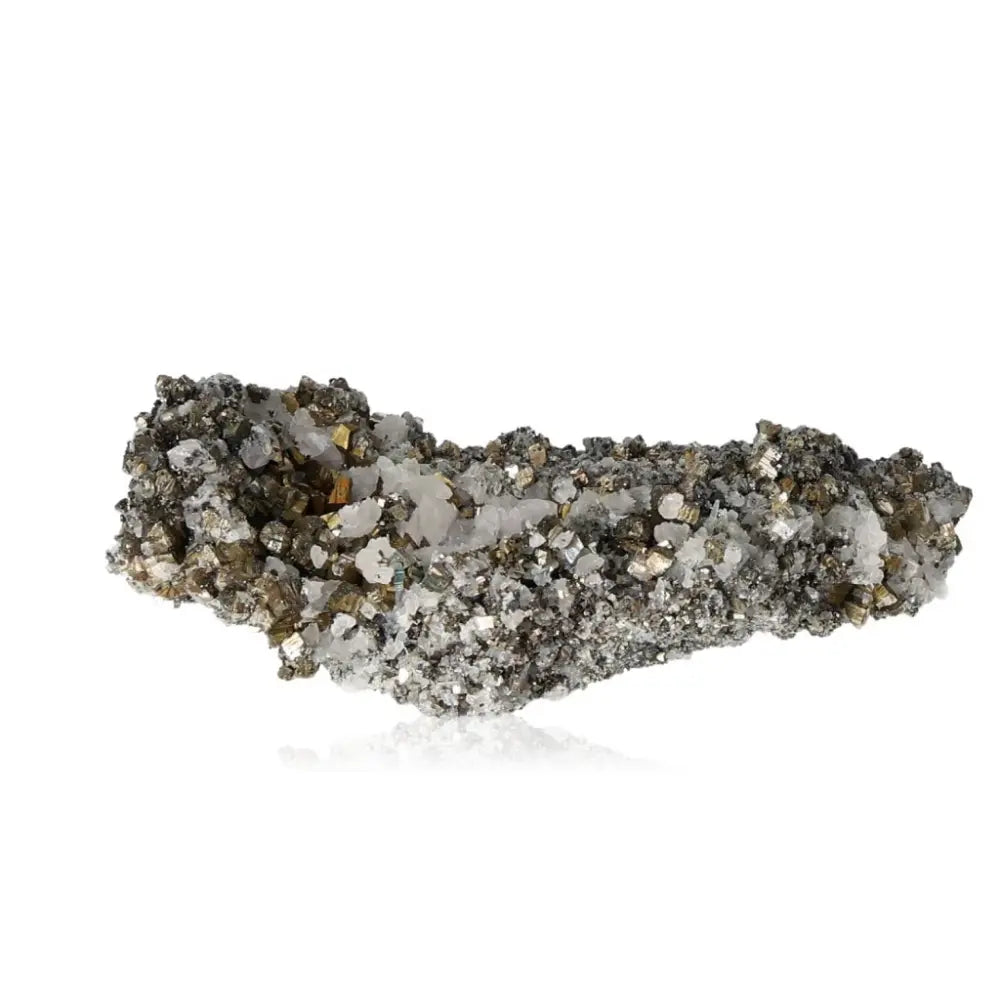Exquisite Pyrite with Calcite and Sphalerite mineral specimen from Sylvia Crystals, showcasing golden shimmer and elegant design.