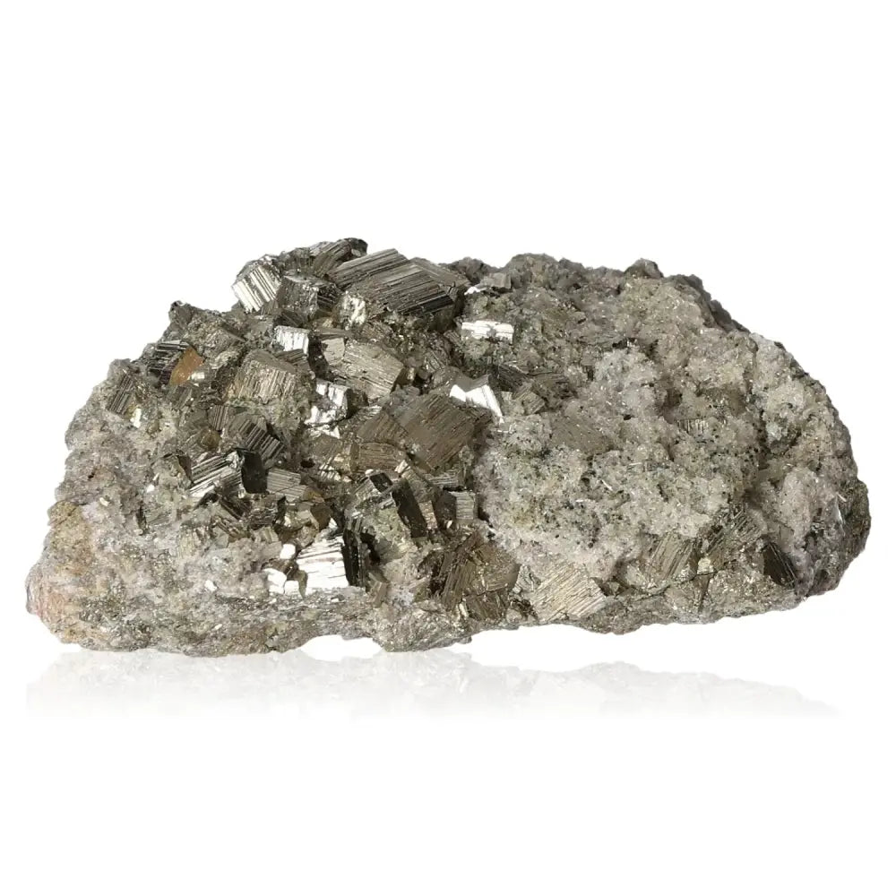 Pyrite with Quartz crystal from Sylvia Crystals, showcasing radiant golden hues and clear elegance, symbolizing abundance and prosperity.