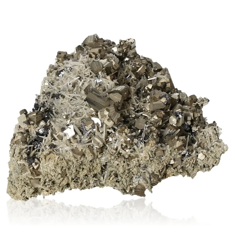 Premium Pyrite with Quartz and Sphalerite crystal cluster from Sylvia Crystals, symbolizing luxury and spiritual harmony.