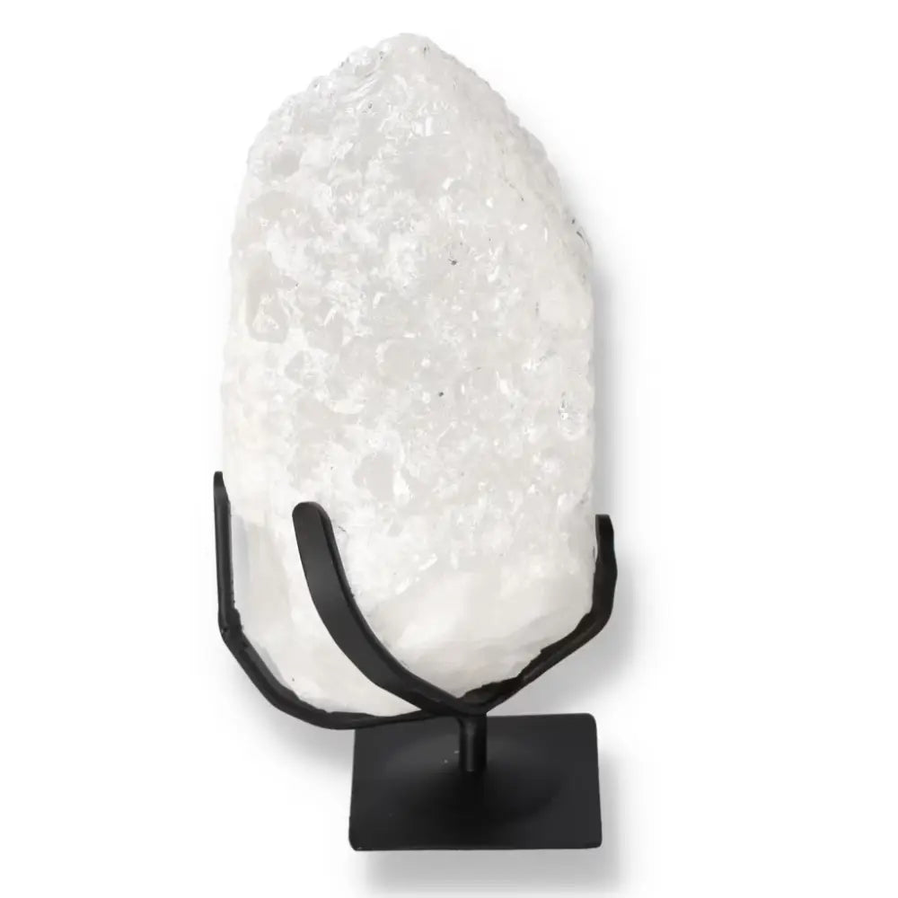 Quartz Crystal Bubble by Sylvia Crystals on stand, enhances spiritual journey and chakras with enchanting hues and transformative properties.