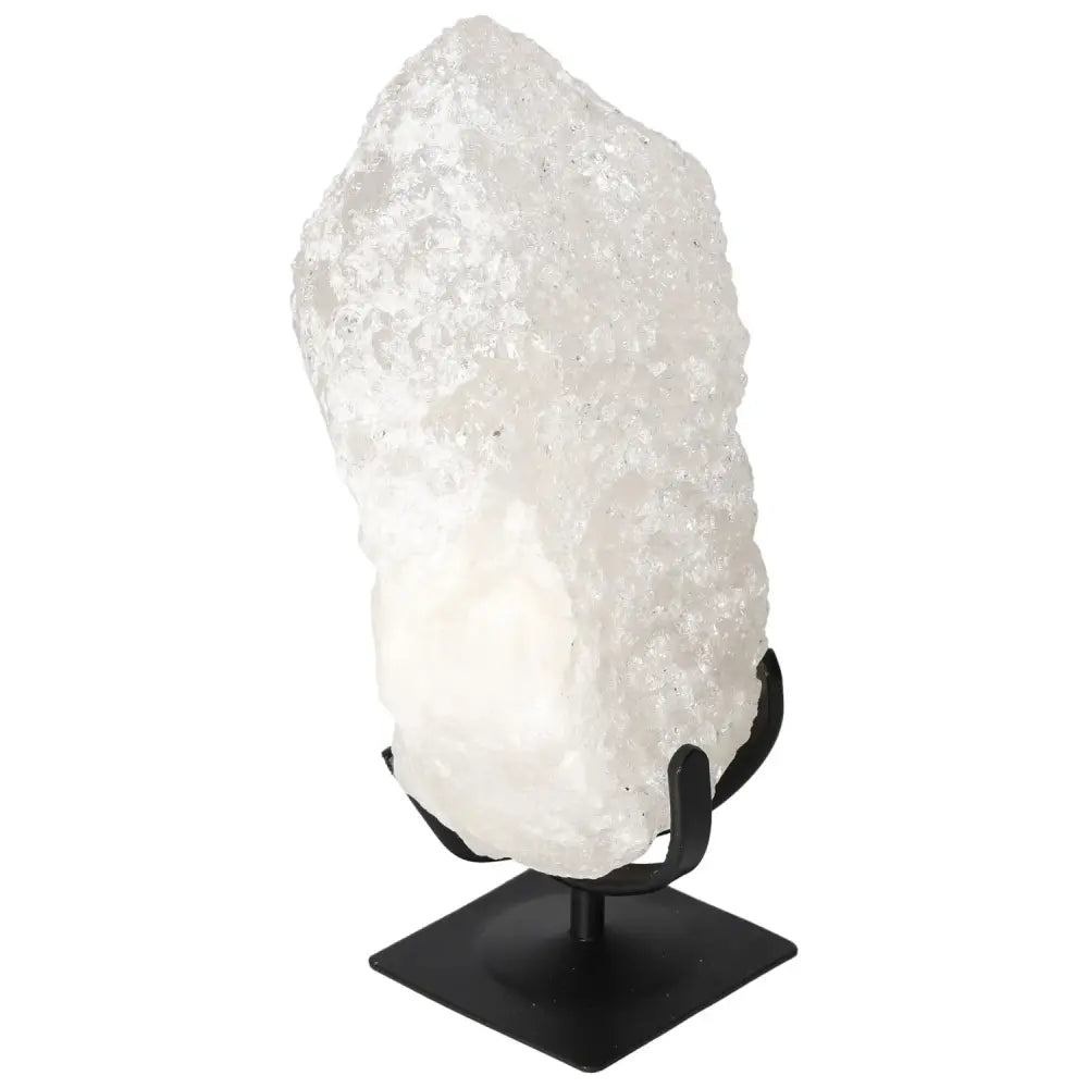 Premium Quartz Crystal Bubble by Sylvia Crystals on elegant black stand, offering spiritual enrichment and timeless elegance.