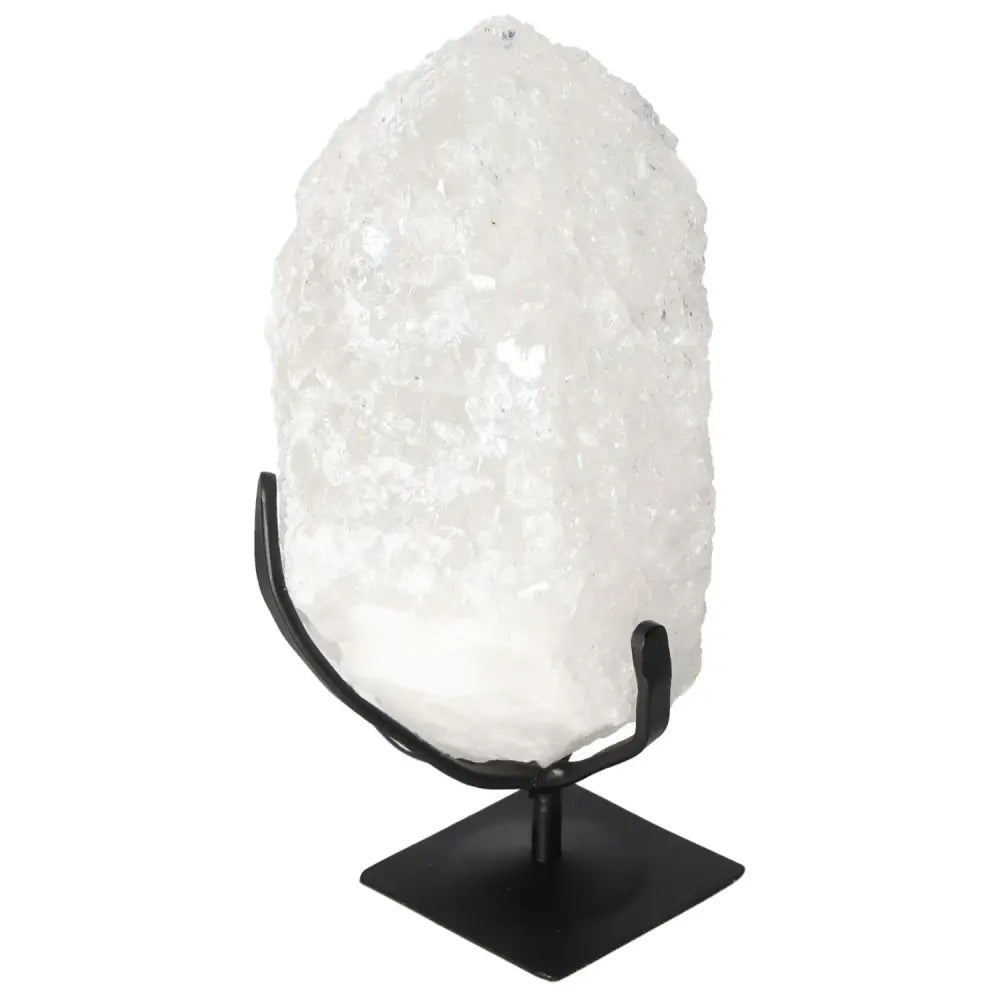 Quartz Crystal Bubble from Sylvia Crystals on black stand, enhances chakras and spiritual journey with enchanting hues.