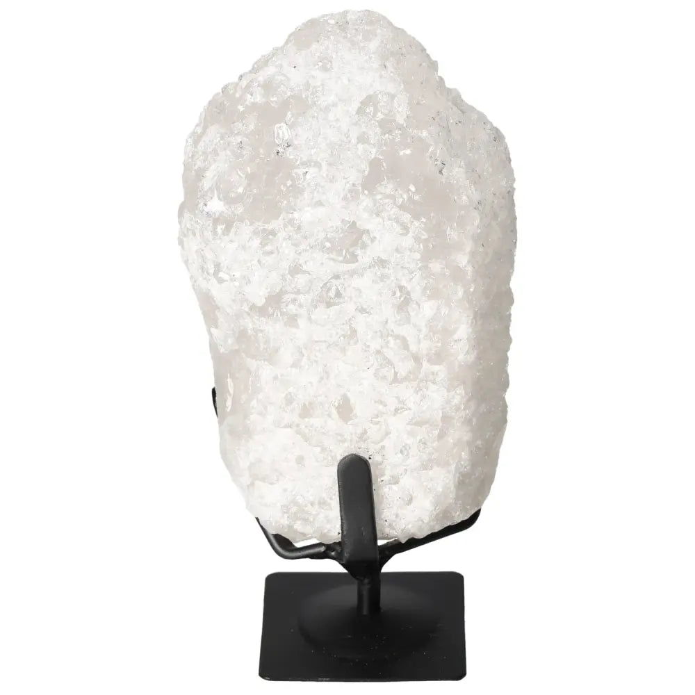 Quartz Crystal Bubble by Sylvia Crystals on black stand, reflecting natural beauty and spiritual depth.