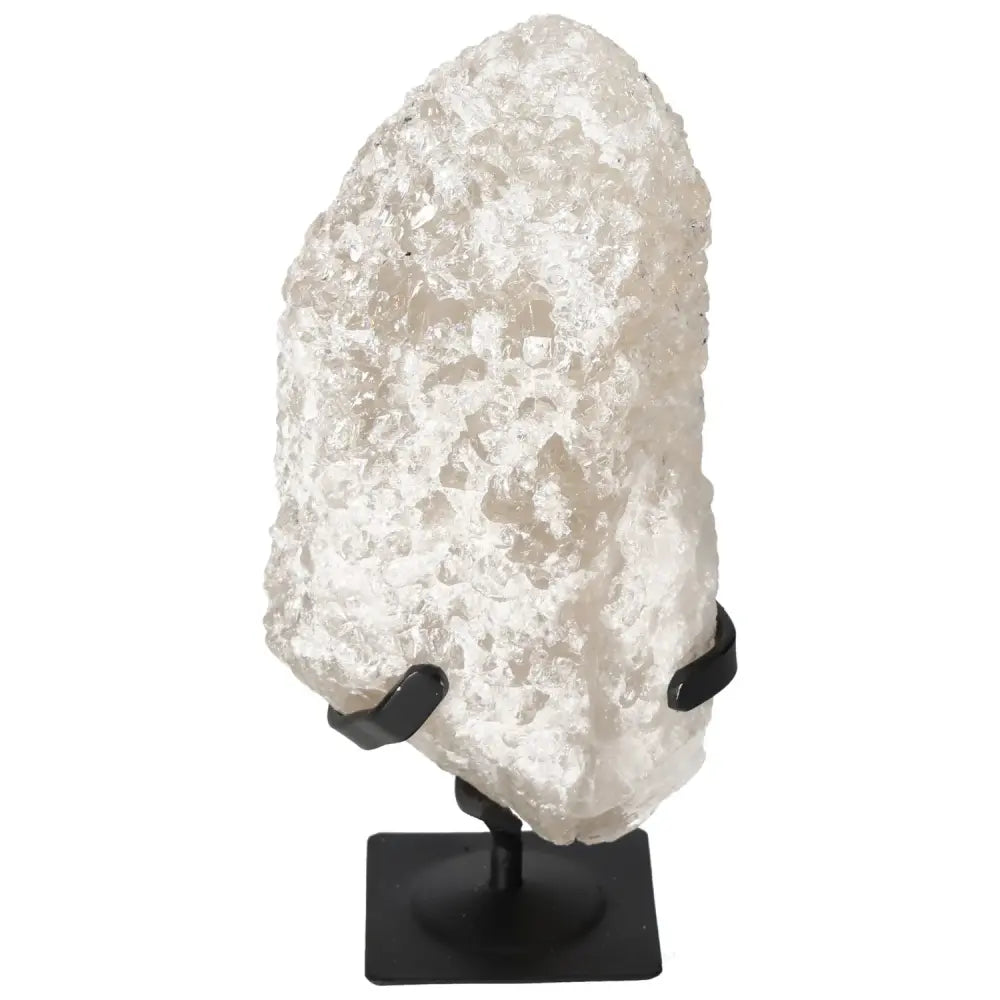 Quartz Crystal Bubble by Sylvia Crystals on stand, blending quartz varieties for chakra harmony, exquisite gemstone decor piece.