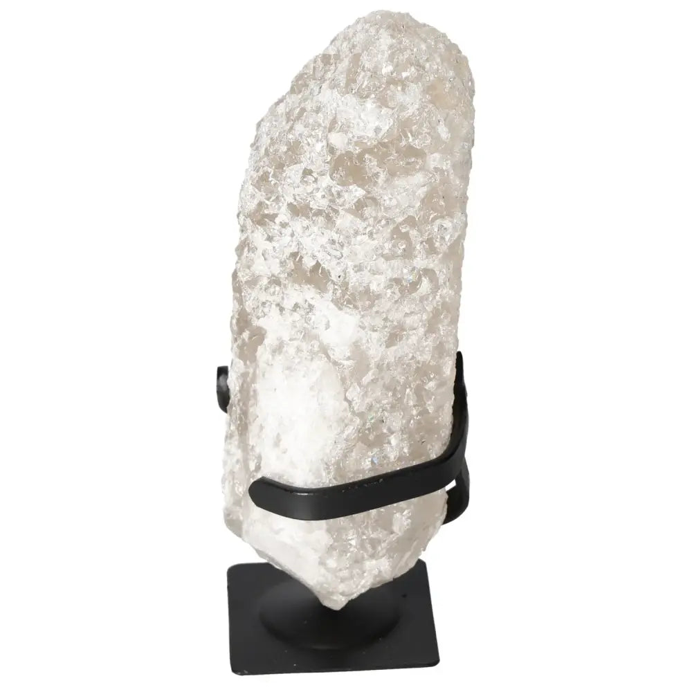 Quartz Crystal Bubble on a black stand, showcasing its natural clarity and intricate crystal formations, ideal for spiritual harmony.