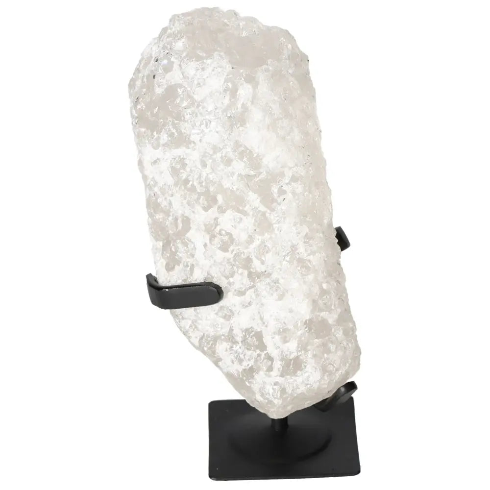 Quartz Crystal Bubble on display stand by Sylvia Crystals, known for clarity and chakra alignment, luxury crystal for enhanced well-being.