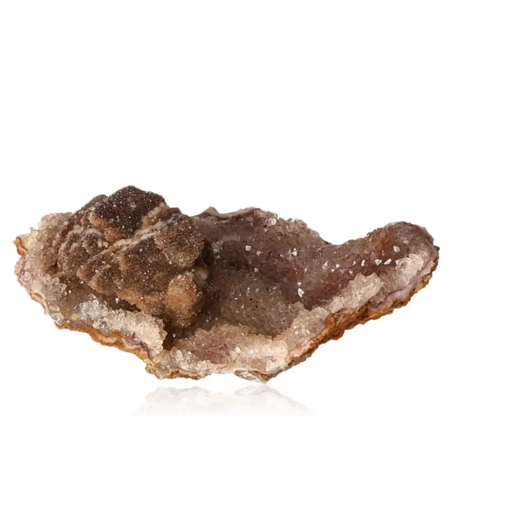 Quartz Druze gemstone with brown and white crystalline formations from Sylvia Crystals, epitomizing luxury and spiritual vitality.