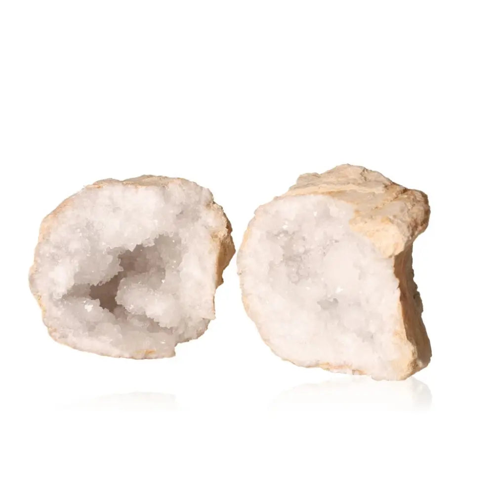 Open quartz geode displaying cloudy white crystals, showing natural rocky exterior and sparkling interior, weighing 1200-2000g.