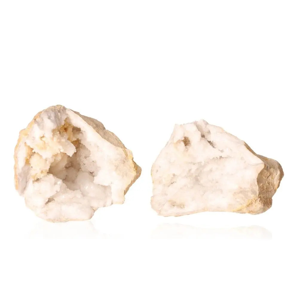 Quartz Geode weighing 1200-2000g featuring a rugged exterior and sparkling white crystal interior, perfect for home decor or energy amplification.