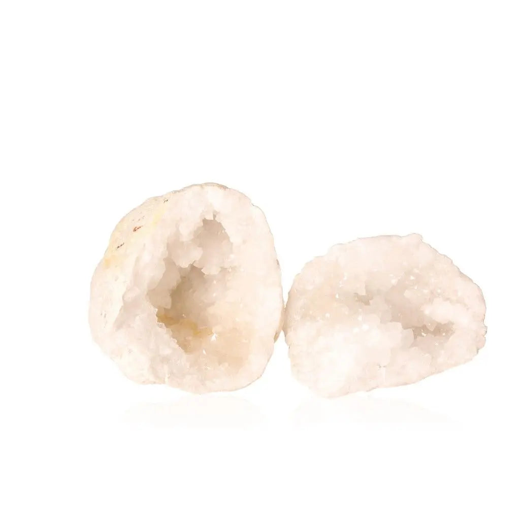 Quartz Geode (1200-2000g) with sparkling cloudy white crystals, known for purifying and amplifying energy, on a white background.