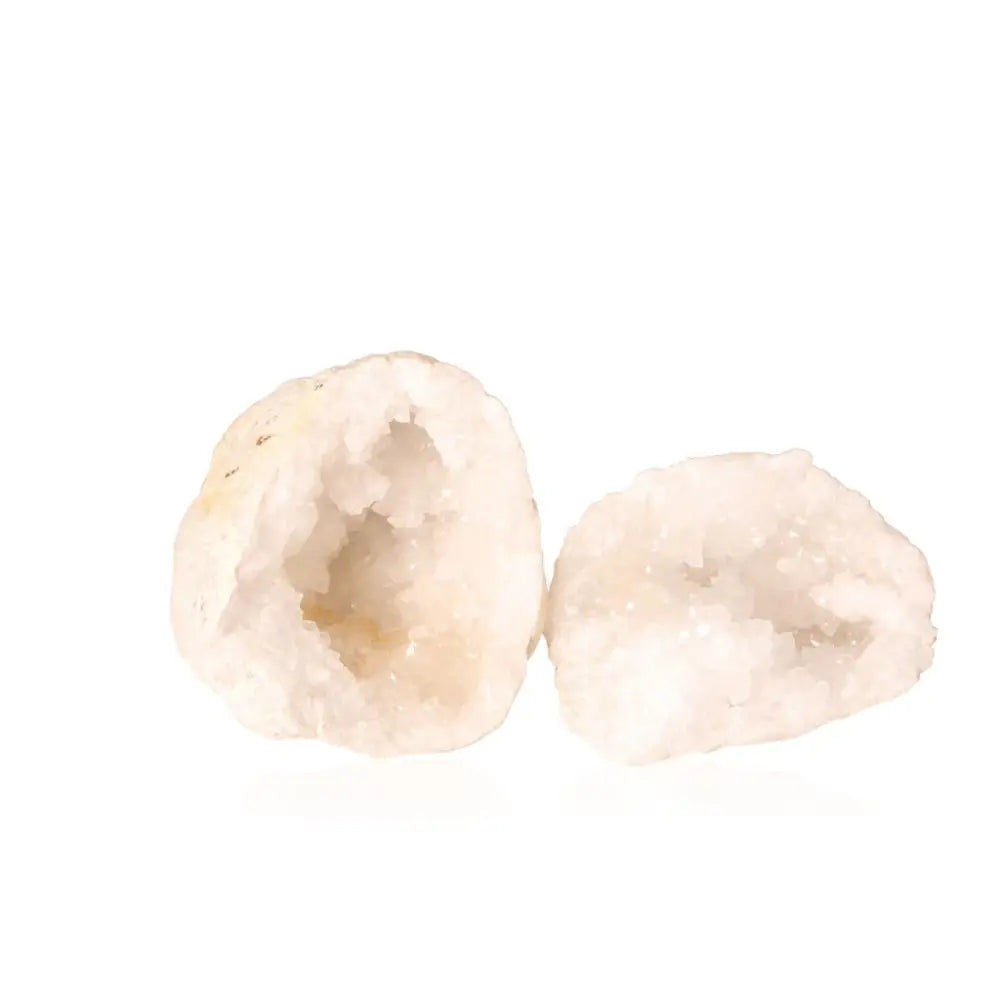 Open white quartz geode displaying sparkling crystals, perfect for energy purification and home décor.