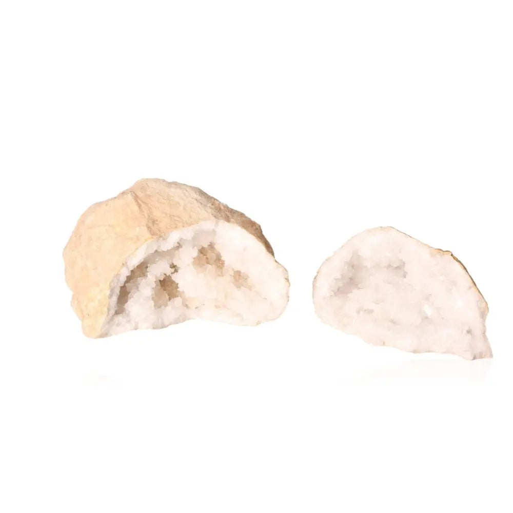 Quartz Geode 1200-2000g with sparkling milky white crystals, showcasing natural beauty and mystical energy in rugged earthy outer shell.