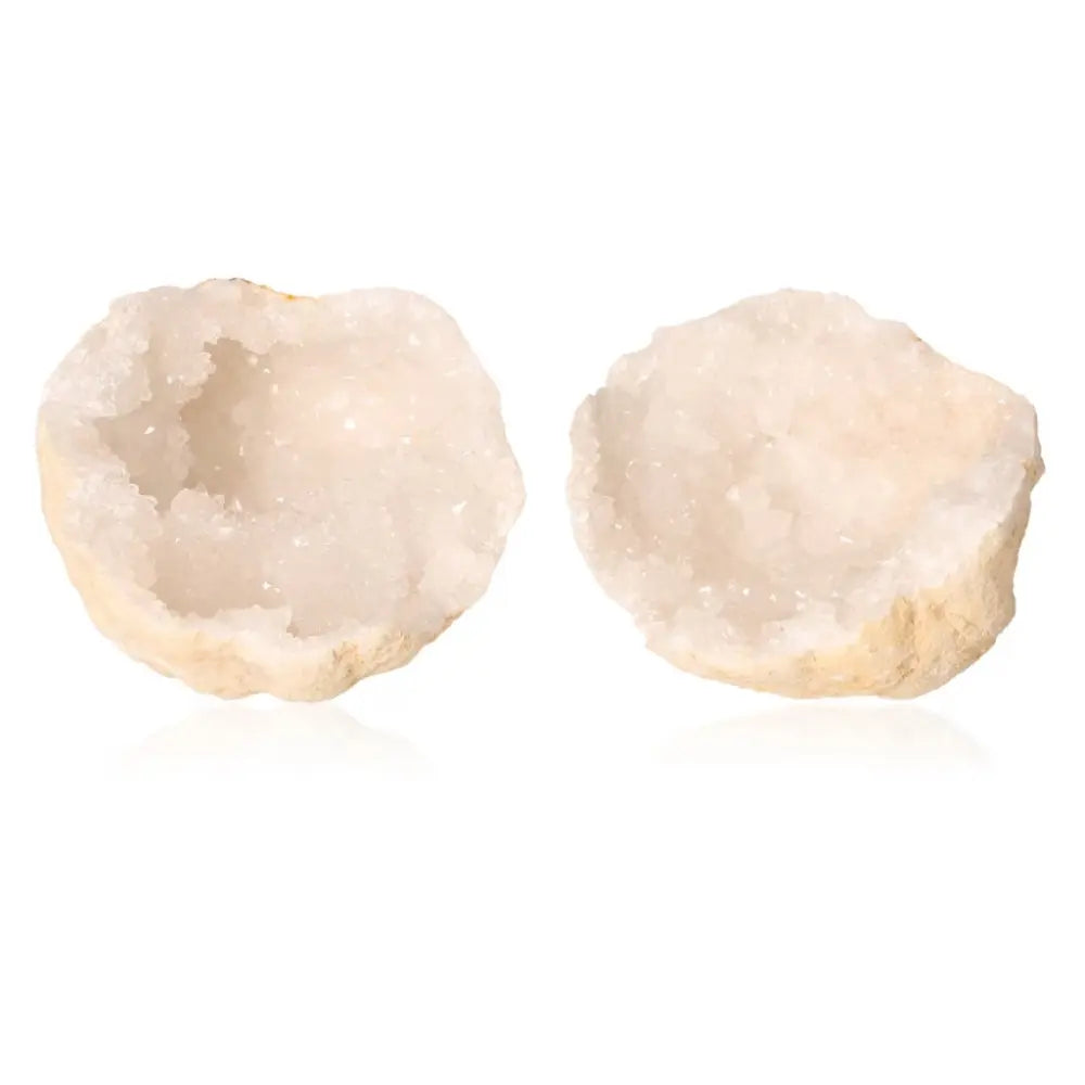 Quartz Geode (400-600g) showcasing sparkling milky white crystals inside a rough exterior, perfect for decor and purifying energy.