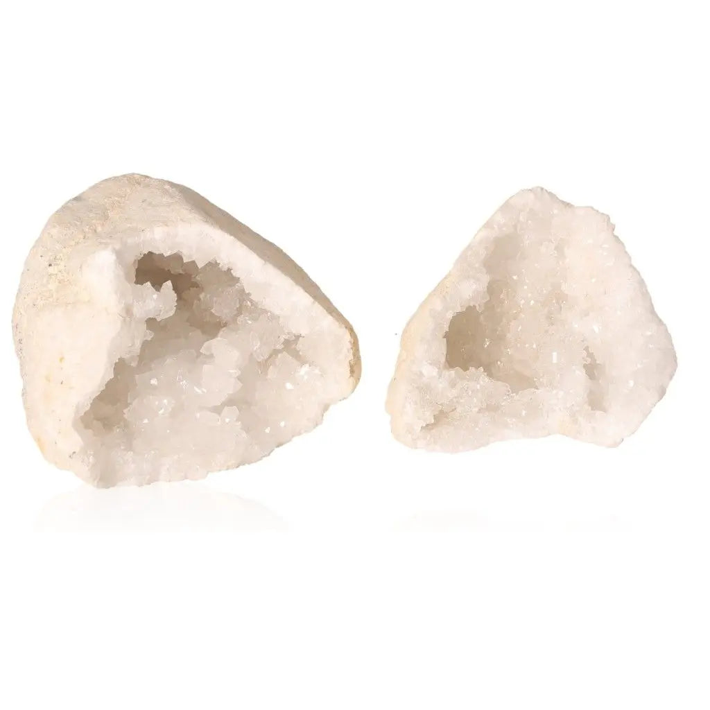 Milky quartz geode with sparkling white crystals, weighing 400-600g, revealing a captivating interior of purifying energy.